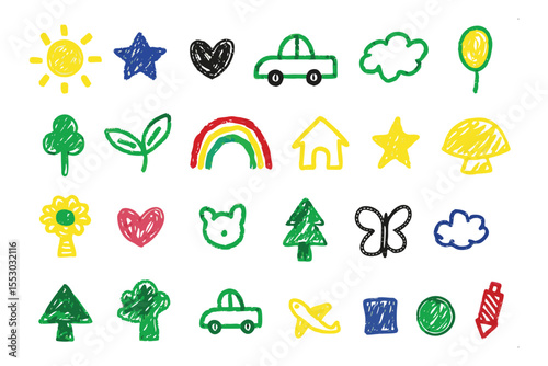 Childlike Illustrations: A whimsical assortment of crayon-style doodles, with bright colors, each represents a different object or concept, evoking innocence and creativity.
