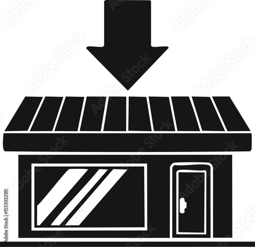 Store Promotion: A symbolic illustration of a store front being pointed downward, representing a special sale, limited-time offer, or exclusive discount.