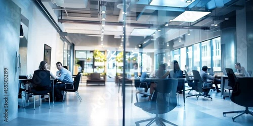 Modern Open Space Office with Glass Walls and Team Collaboration in Progress