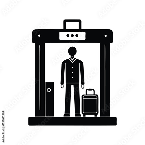 A depiction of a security checkpoint featuring a person and luggage