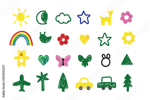 Playful doodle collection: cheerful illustrations of celestial bodies, nature elements and toys in a joyful aesthetic