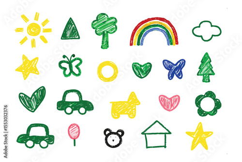 Childlike Crayon Doodle Set: A vibrant collection of childlike crayon doodles bursting with playful illustrations. Hand-drawn shapes, symbols, and icons bring whimsical charm to your designs