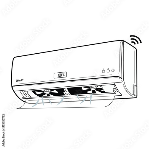 Line Drawing Illustration of a Smart Air Conditioner Unit Displaying 100 Degrees Celsius with Visible Fans and Airflow Indicated by Light Gray Lines Wireless Signal Icon