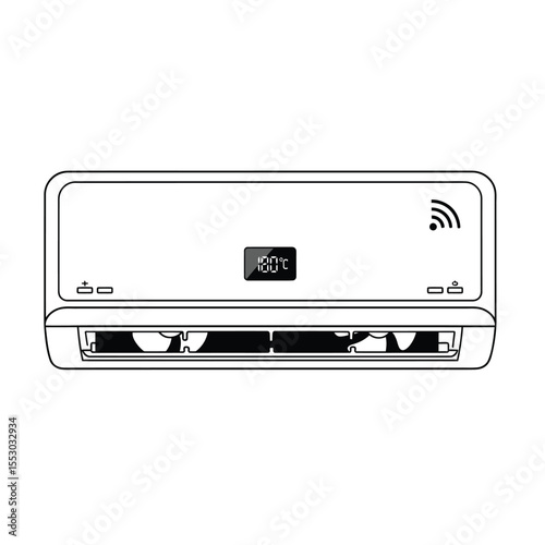 Line Drawing of a Smart Air Conditioner Unit Displaying 18 Degrees Celsius with Wifi Symbol and Control Buttons