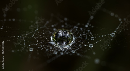 Spiderweb strand holds a crystalline water droplet reflecting the dark forest surroundings in this macro nature photograph.