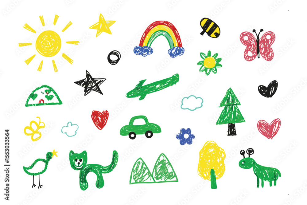 Obraz premium Whimsical Doodle Delight: A collection of charming, childlike doodles and hand-drawn illustrations. Featuring a cheerful sun, stars, rainbows, cute insects, flowers, trees, heart, car.