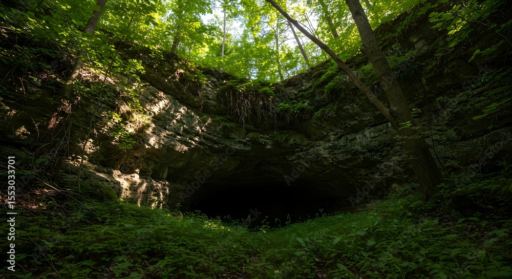 Fototapeta premium Cave entrance emerges from the lush forest floor, revealing a mysterious dark opening nestled within the rocky limestone hills.