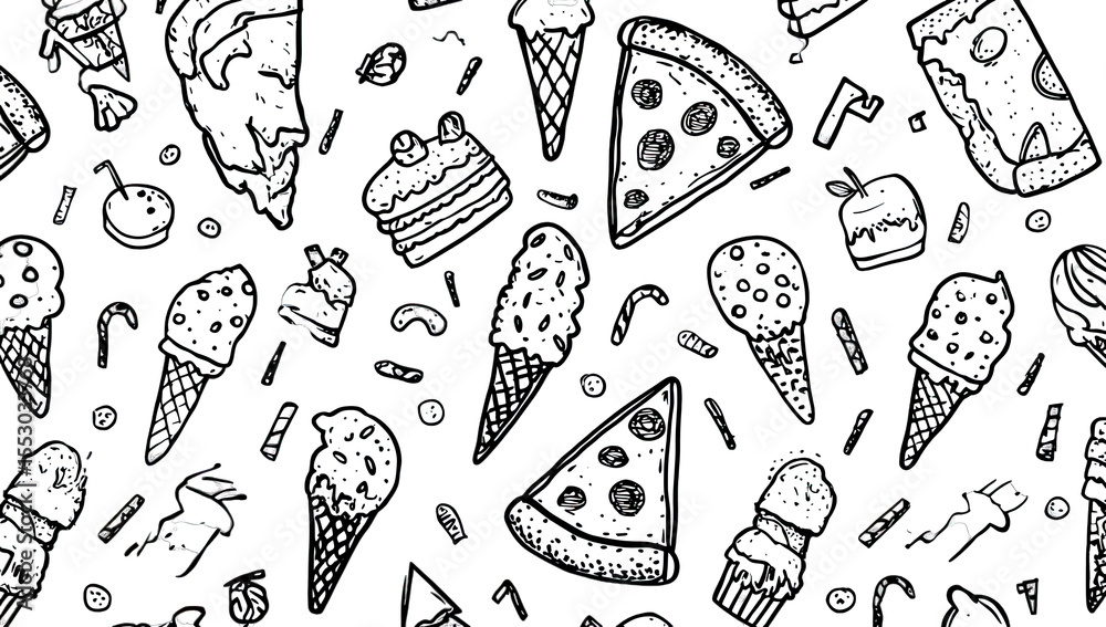 Black and white doodle food pattern Black and white doodle food pattern
