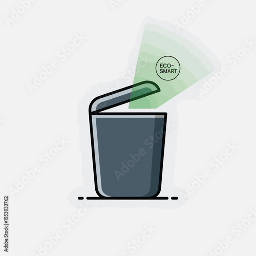 Open Gray Eco Smart Trash Can Illustration Simple Line Art Design Dark Gray Waste Bin Lid Ajar Green Eco Friendly Concept Clean Minimalist Style Vector Graphic