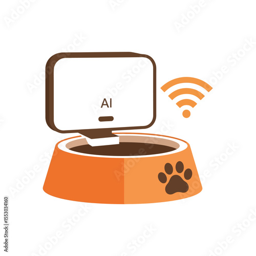 Orange Pet Food Bowl with A I Smart Feeder Device Wireless Technology Icon Illustration orange bowl