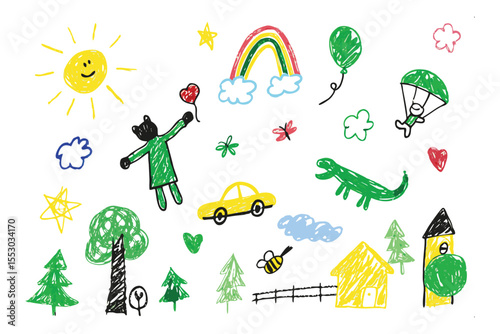 Childlike Creativity: A playful illustration bursts with whimsical elements. A joyful scene of a young child's creative world. The vibrant colors and carefree doodles ignite imagination.