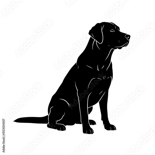 Elegant black labrador retriever dog sitting attentively and looking to the side in a clean silhouette style isolated on transparent background