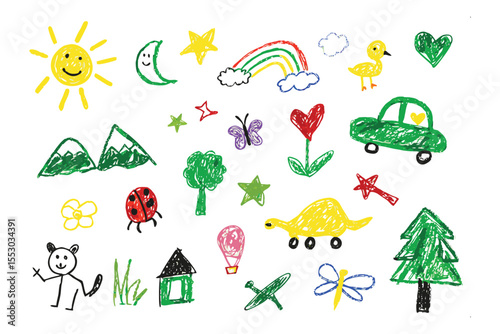 Childlike Wonders: A cheerful collection of colorful drawings, brimming with whimsical charm, evoke the joyful creativity of childhood and simple happiness.