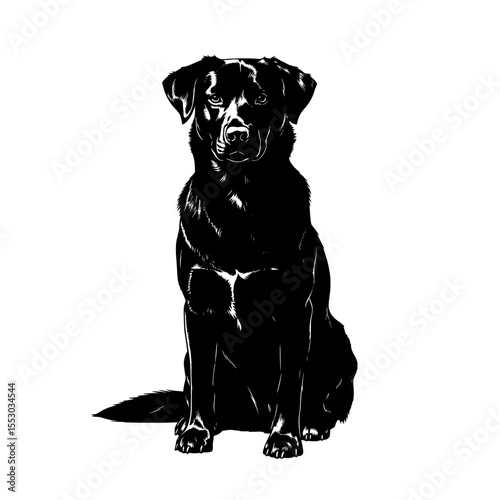 A striking black labrador retriever dog sitting attentively depicted in a detailed silhouette style with highlights isolated on transparent background