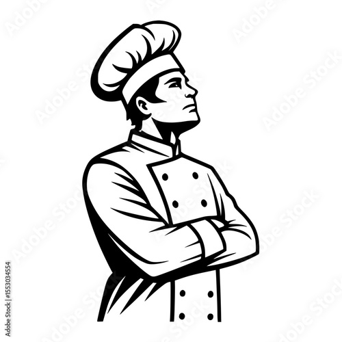 Confident male chef in traditional uniform with crossed arms looking upward with determination silhouette isolated on transparent background
