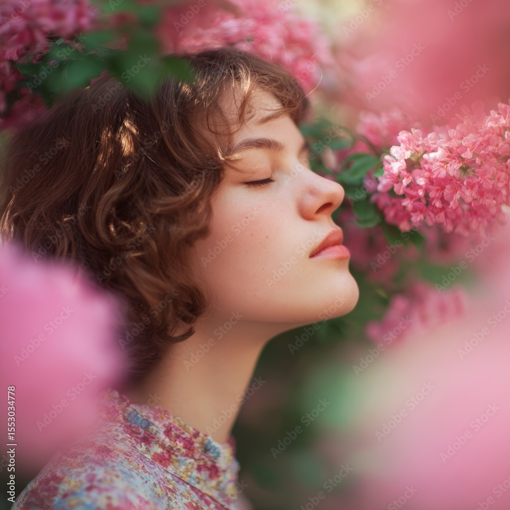 Naklejka premium A serene woman with closed eyes amidst blooming pink hydrangeas, experiencing the beauty of nature.