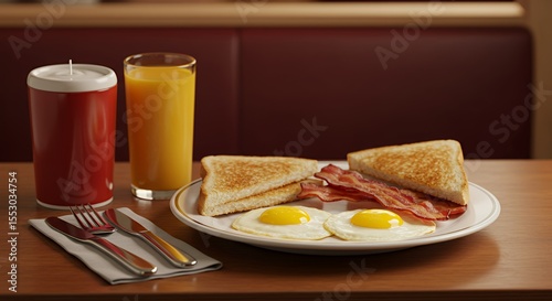 Sunny-side up eggs, crispy bacon, and toast: the perfect diner breakfast.