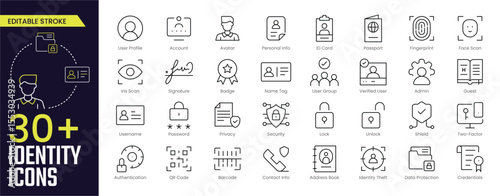 Identity Stroke icon collections. Containing User Profile, Account, Avatar, Personal Info, ID Card, Passport, Admin, Password, and User Settings icons. Editable Stroke icon collection Outline icon