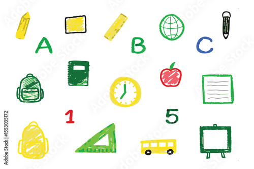 Educational Symbols: Playful school icons fill the frame, illustrating a vibrant world of learning with engaging imagery, setting the stage for exploration.