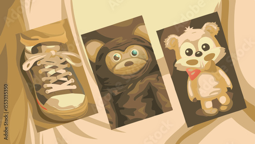 A playful child's bedroom scene featuring a sneaker, a bear plush, and a cute teddy bear.