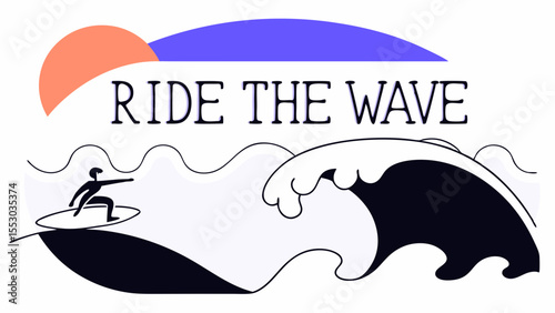 A stylish illustration of a surfer riding a wave against a vibrant sunset backdrop.