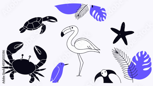 A vibrant collection of tropical marine life illustrations, featuring crabs, a flamingo, and tropical foliage.