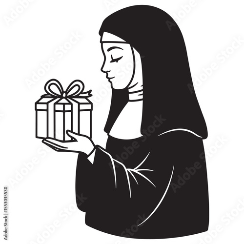 A nun holding a gift box with a bow religious icon vector illustration