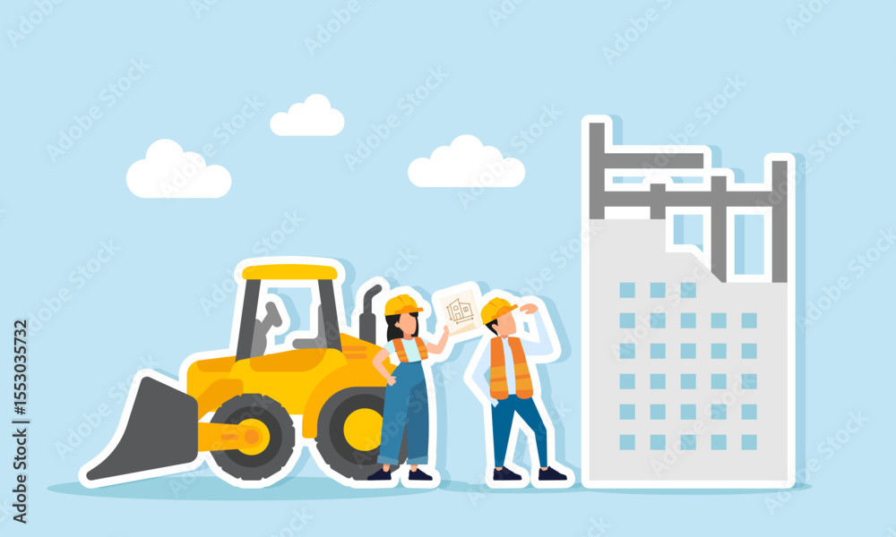 Naklejka premium Two engineers discussing project plan paper between building construction and heavy equipment illustration of supervising construction and equipment operator work