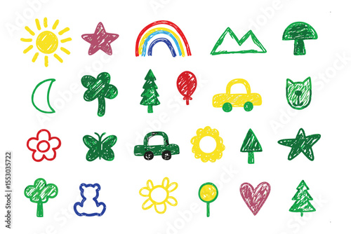 Childlike World: A cheerful collection of crayon-drawn illustrations, portraying the innocent wonder of childhood through colorful shapes and symbols.