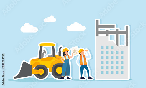 Two engineers discussing project plan paper between building construction and heavy equipment illustration of supervising construction and equipment operator work