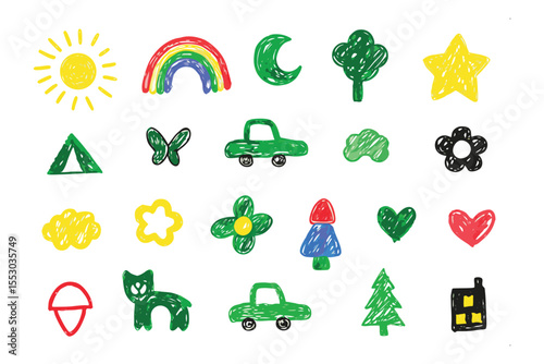 Childlike doodles of nature and objects, perfect for educational projects and artistic designs.  A burst of vibrant drawings ready to adorn your designs.
