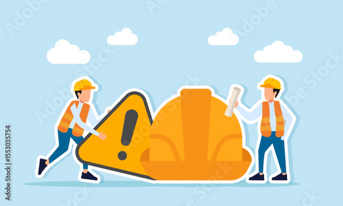 Engineer raising a warning gesture while another holds paperwork near safety helmet project illustration of awareness and implementation of workplace safety principles