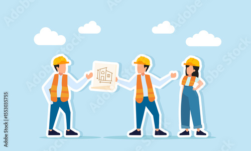 Group of engineers talking and reviewing paper project plans illustration of discussion on building construction implementation