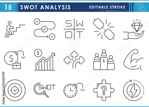 A set of line icons related to SWOT Analysis. Strength, weakness, opportunity, and threads and so on. Vector editable stroke.