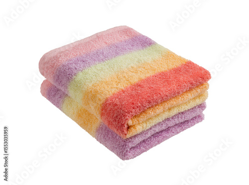 Soft rainbow striped bath towels folded stack, Isolated On Transparent Background