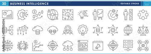 A set of line icons related to Business Intelligence. Business, technology, strategy, technique, SEO, worldwide, growth, and so on. Vector editable stroke.