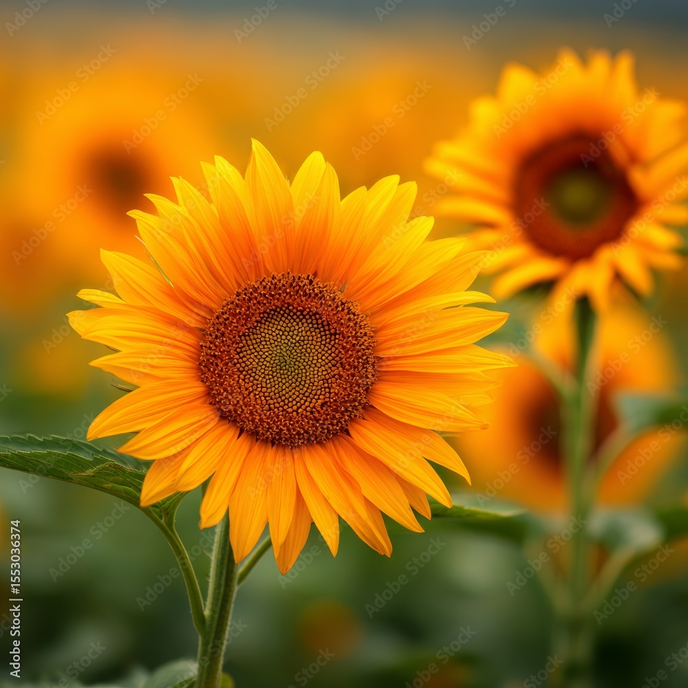 Fototapeta premium Vibrant sunflowers in a field, illuminated by the sun. The bright yellow petals and brown center create a striking image