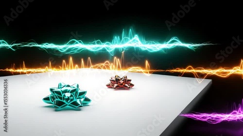 Glowing gift bows on white surface with energy waves, website banner