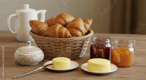 Golden croissants and sweet spreads await a delightful breakfast.