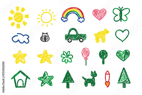 Hand-drawn Playtime: A collection of colorful hand-drawn elements, evoking the creativity of childhood, the joy of imagination, and the carefree spirit of play.