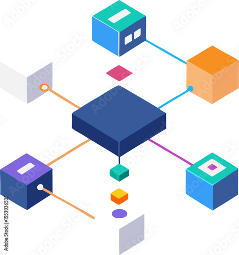 Isometric 3D icon of a network server and cables connecting a building, house, and office in a city, symbolizing business network architecture