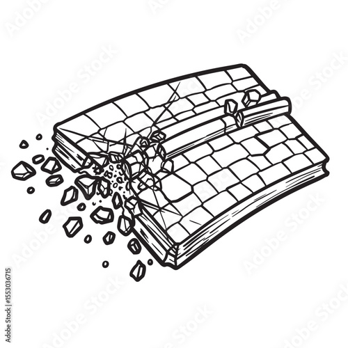 Illustration of a book exploding with fragments representing destruction and damage