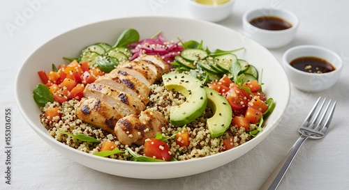 Savor the vibrant colors and fresh flavors of this healthy quinoa bowl, topped with grilled chicken and avocado.