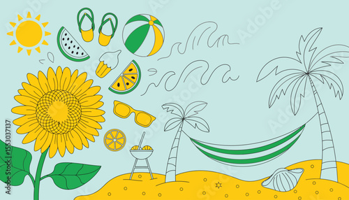 A vibrant vector illustration captures a delightful summer landscape with sunflowers basking under the bright sun, evoking a perfect tropical vacation by the ocean