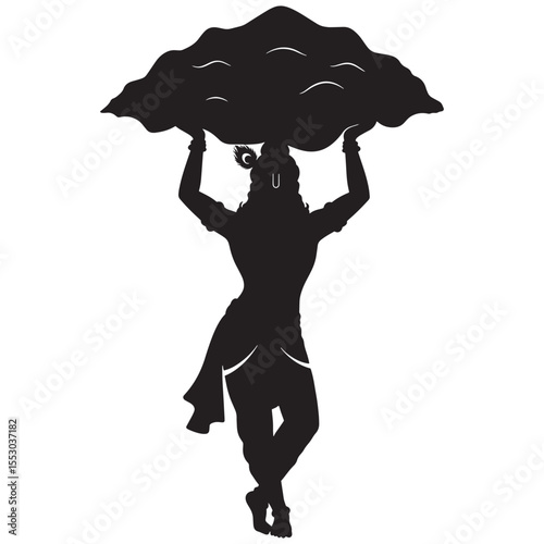 Silhouette illustration of lord krishna lifting govardhan hill depicting divine protection