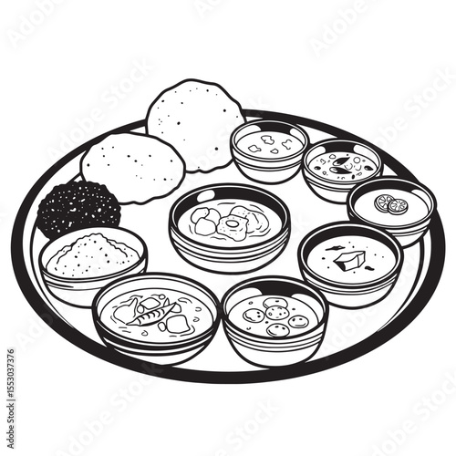 Traditional indian thali illustration serving variety of dishes and accompaniments in black and white