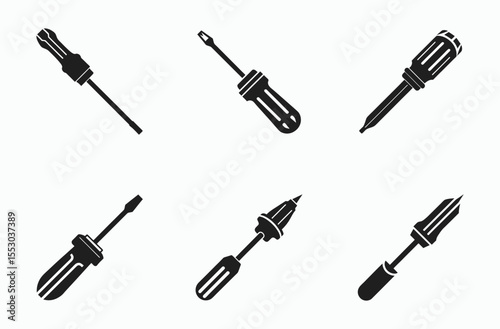 Screwdriver silhouette set, hand tool icon, black vector illustration, repair equipment graphic