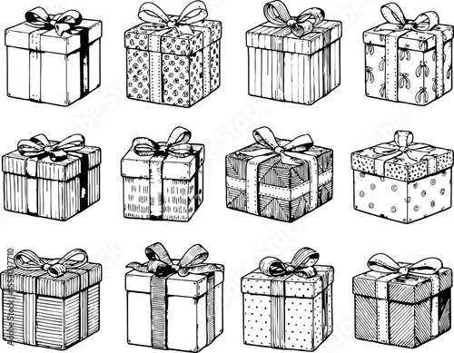A delightful assortment of gift boxes awaits their recipients. Each present is uniquely wrapped, featuring different patterns and bows.