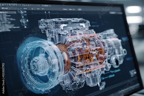 A 3D model of a car engine is rotating on the computer screen. The visuals are in 8K resolution and showcase intricate technical annotations related to engine mechanics and design