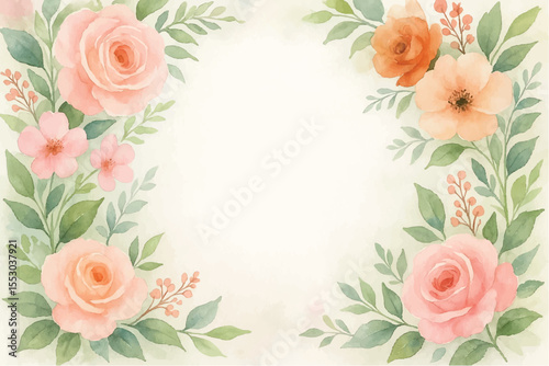 Vintage floral background with romantic pink roses, elegant frame, and decorative hearts for a wedding or Valentine's Day card design